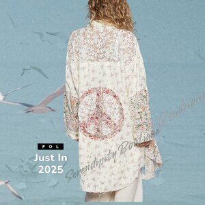 POL New Ocean Breeze Collection Cotton Cream Gauze & Lace Floral Long Shacket